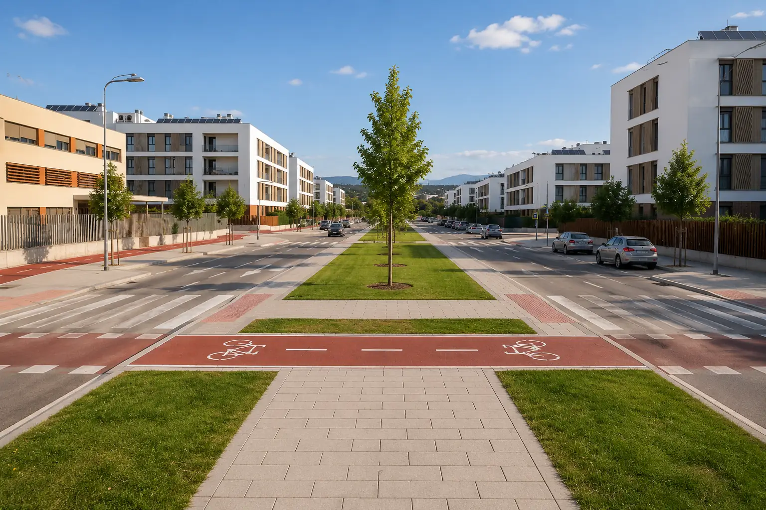 Vista del nuevo barrio, con paseo arbolado y carril bici