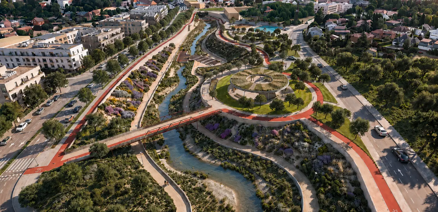Perspectiva del parque y las viviendas del nuevo barrio