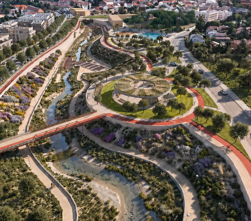 Vista del parque con el arroyo, paseos y recorridos ciclistas